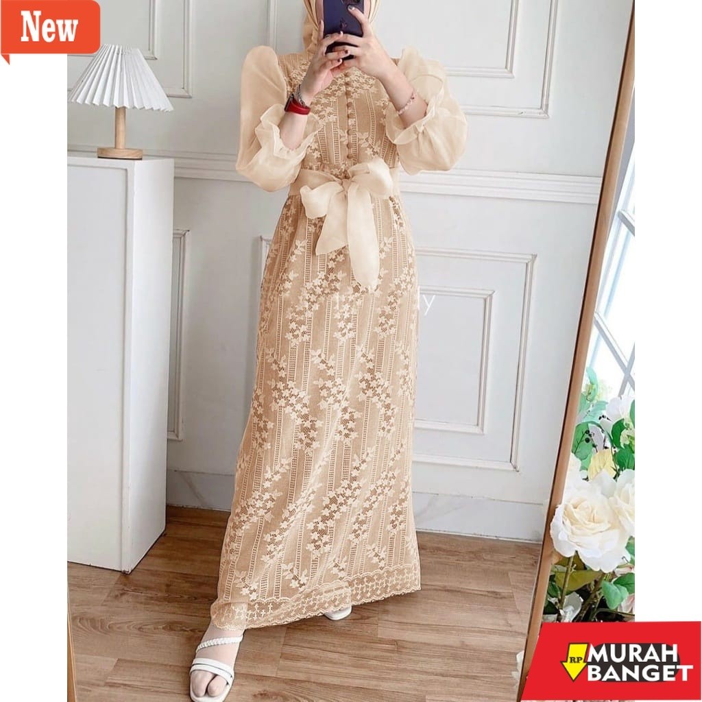 Gamis terbaru- DRESS LUIS FULL BRUKAT MALIKA KOMBI ORGANZA / DRESS LUIS FULL BRUKAT DEPAN BELAKANG M