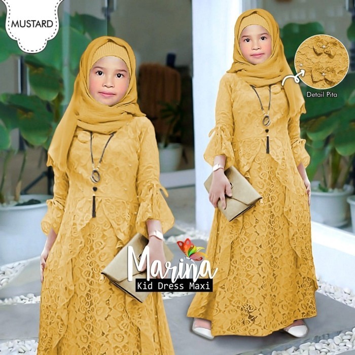Gamis Anak Perempuan Brukat Pakaian Kondangan Dress Muslim Kids Brokat - Mustard