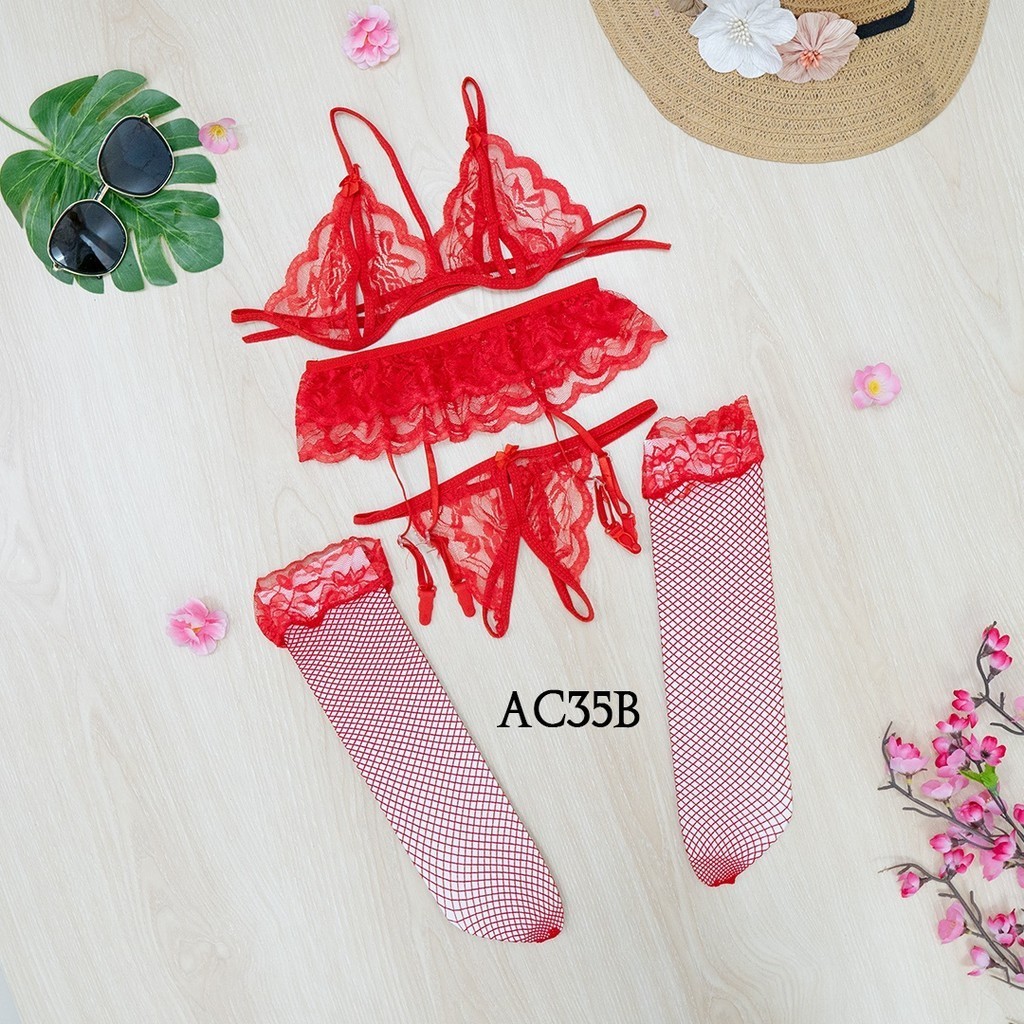 Bh Cd Underwear Wanita + Stocking + Garter Belt Merah Ac35B