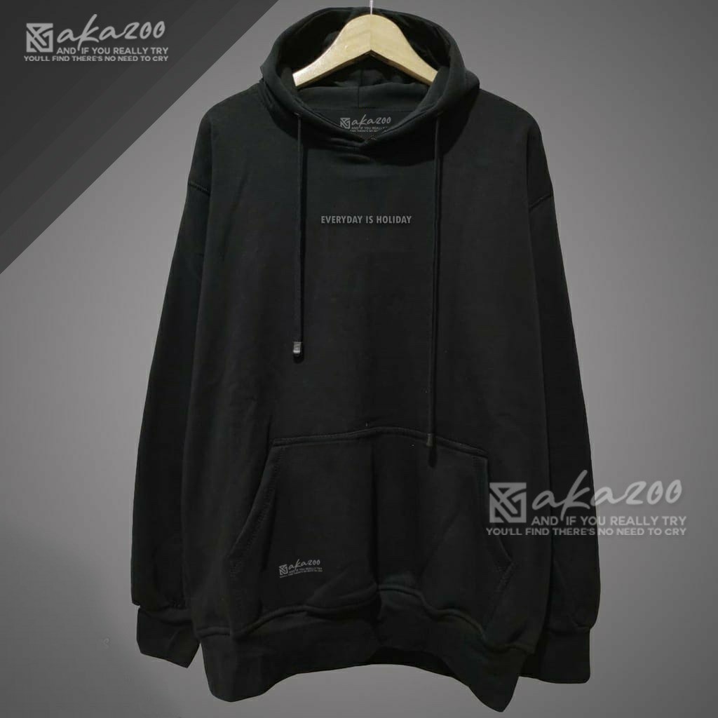 hoodie pria distro original brand akazoo warna hitam everyday is holiday sablon switer cowok keren t