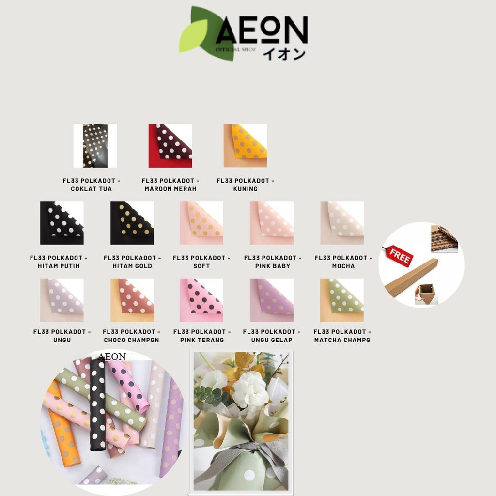 

AEON - (5 LEMBAR) - FL33 POLKADOT Kertas Bunga Paper Buket Motif Polkadot Bulat Kado Florist Cellophane