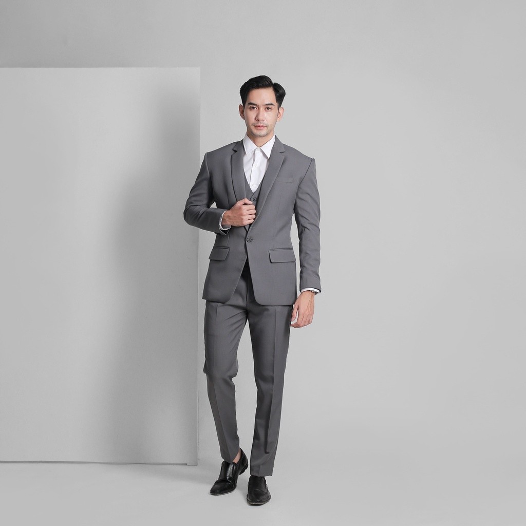 Goldy Outfit Setelan Jas Celana & Rompi Pria Abu Tua - Vente Series