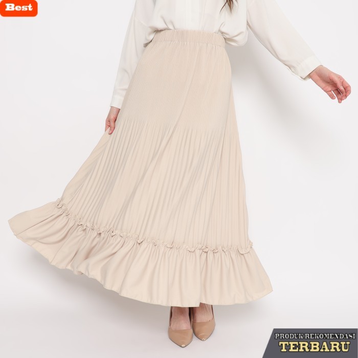 rok wanita kekinian duapola Rok Panjang Wanita Plisket Remple 7276 - Cream