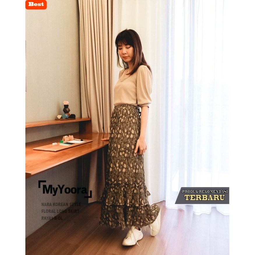 rok wanita kekinian MyYoora Nara Korean Style Floral Long Skirt Rok Wanita RK181 - RK181-B-Olive