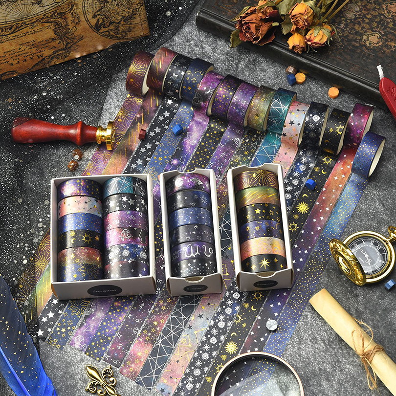 

6Pcs Or 12Pcs Starry Sky Washi Tapes Scrapbooking Supplies Foil Decorative Adhesive Tape Washitape Diary Decorating Washi Tape