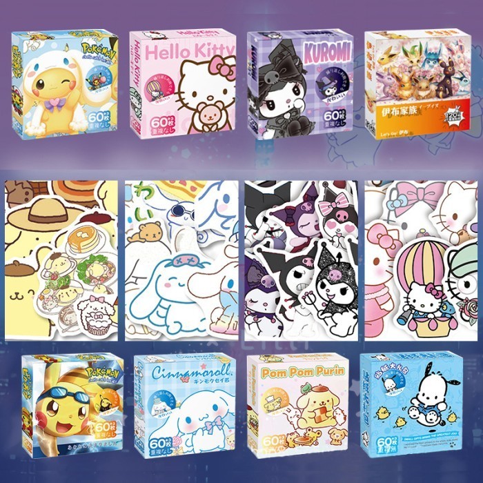 

Sticker Cute SANRIO Cinnamoroll Pom Pom Purin Hello Kitty Kuromi Pochacco 60 pcs/ box