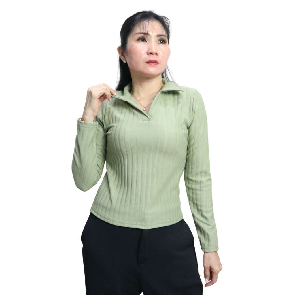 Kaos Crop Top BerKerah Knit Rib / Atasan Kerah Lengan Panjang Wanita