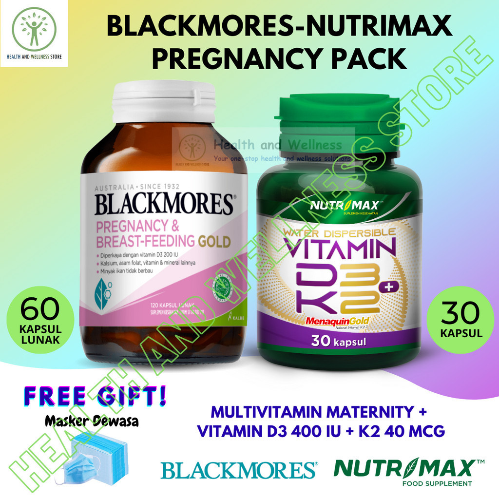 PAKET BLACKMORES PREGNANCY AND BREASTFEEDING GOLD 60 KAPSUL LUNAK DAN NUTRIMAX D3 K2 D3 400 IU K2 40