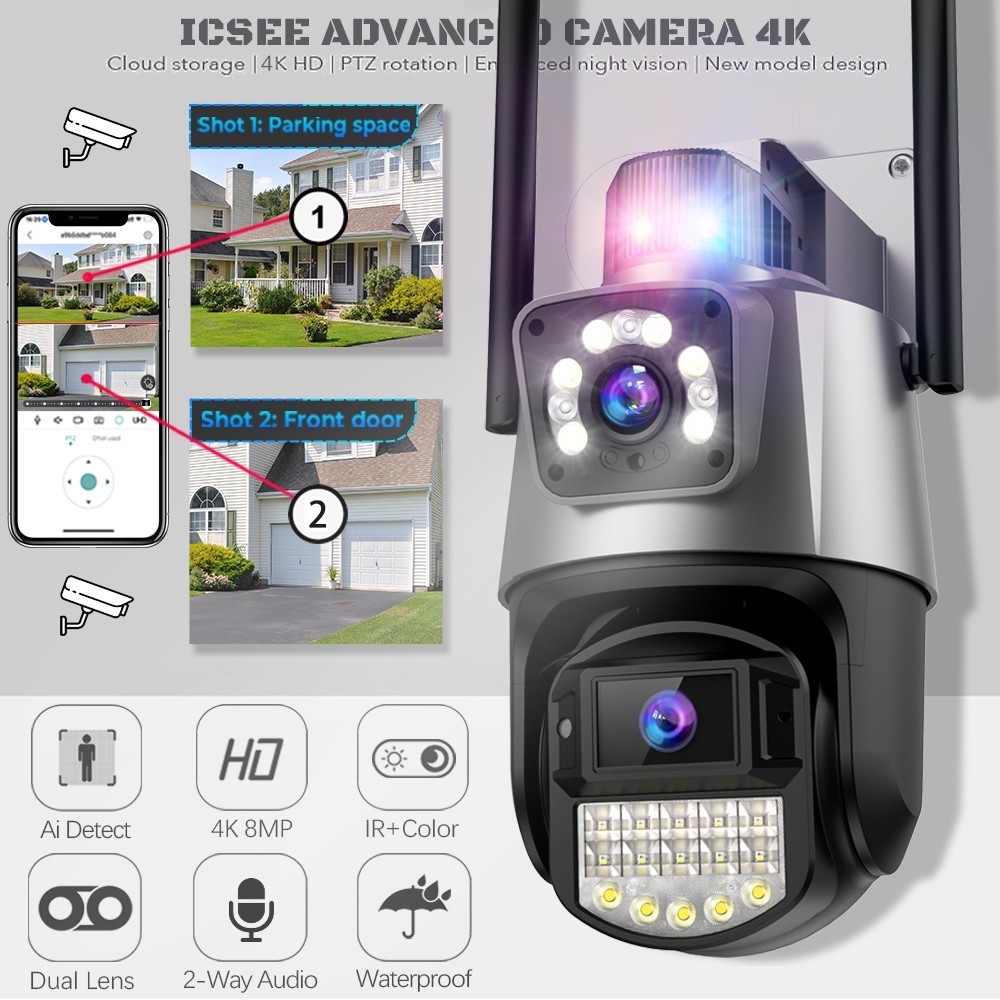 ICSEE 4K 8MP CCTV WIFI Kamera Dual Lens Dual Screen PTZ IP Camera Outdoor Waterproof Security Kamera Surveillance Deteksi Humanoid