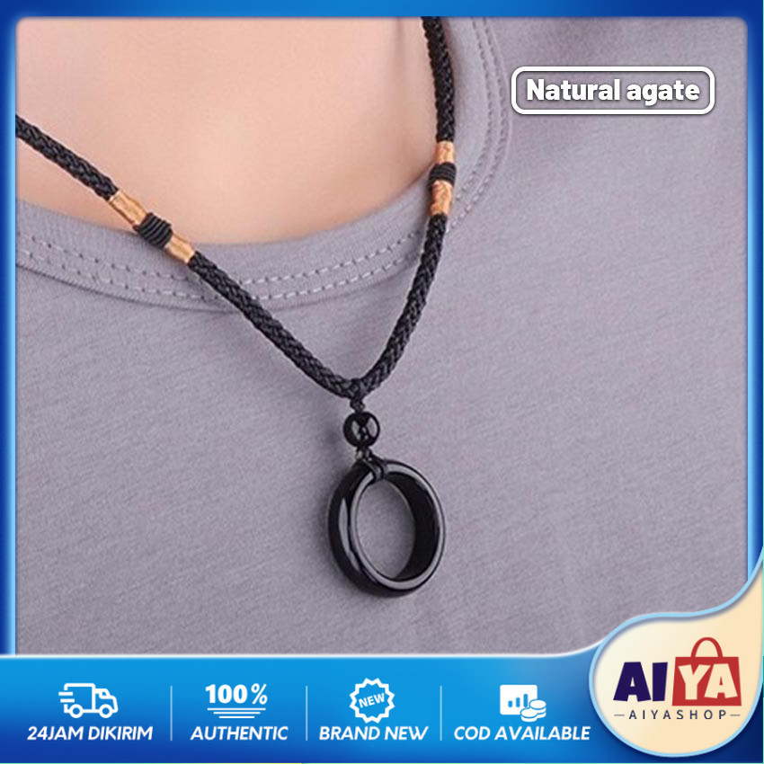 Kalung Liontin Cincin-Kalung Tali Kur Cincin Batu Akik Monel-Kalung Pria Wanita Hitam Polos Pria Wan