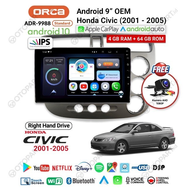 Head Unit TV Android 9″ inch OEM Honda Civic VTi 2001-2005 ORCA RHD