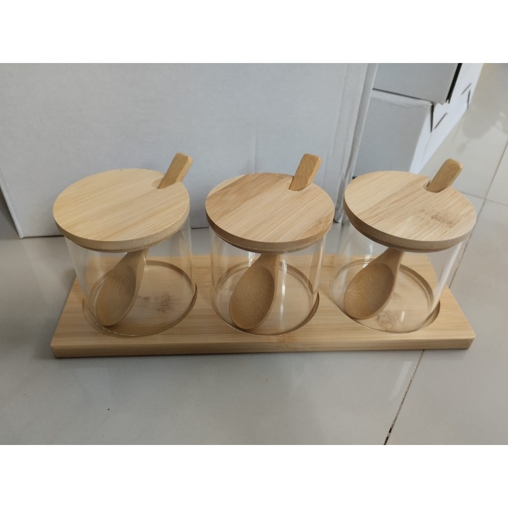TOPLES BUMBU SET 3 PCS TUTUP KAYU PLUS SENDOK DAN ALAS