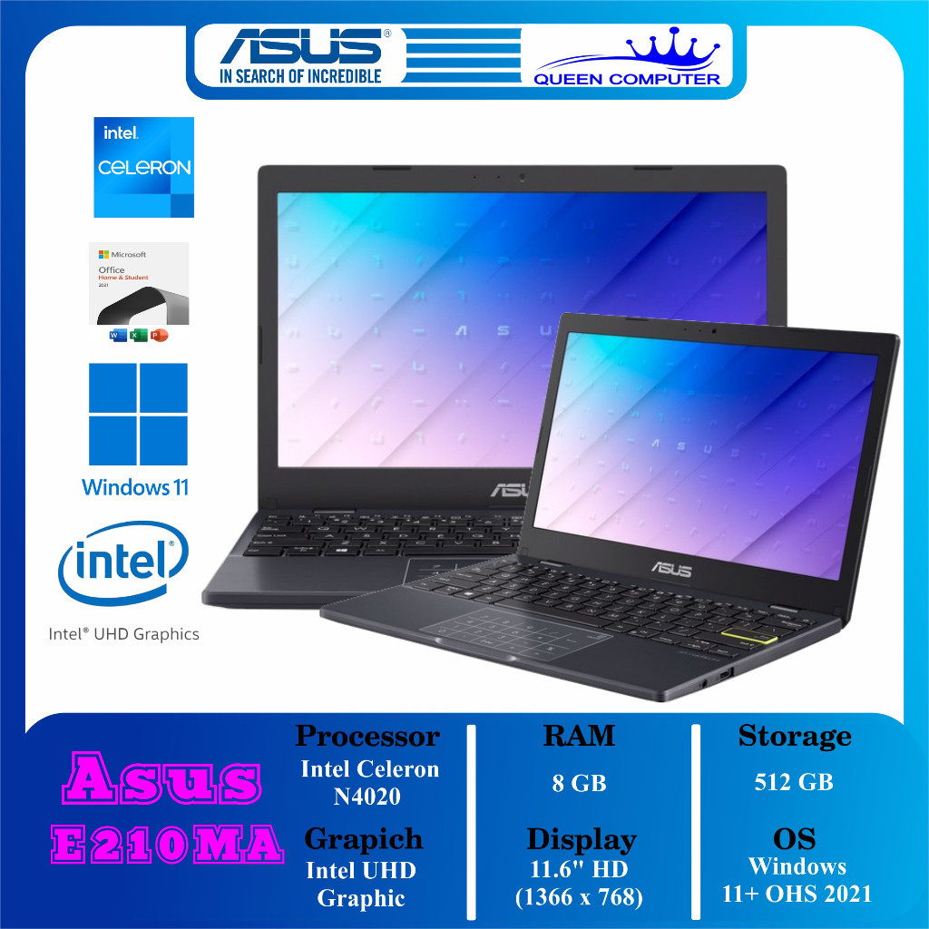 Laptop Asus E210MA Intel N4020 Ram 8GB SSD 512GB W11+ OHS 2021 11,6" HD