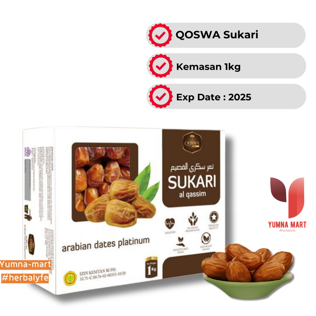 

Kurma Sukari Al qassim Asli Timur Tengah - Kurma Sukkari Al Qassim 1kg by Qoswa Premium Dates