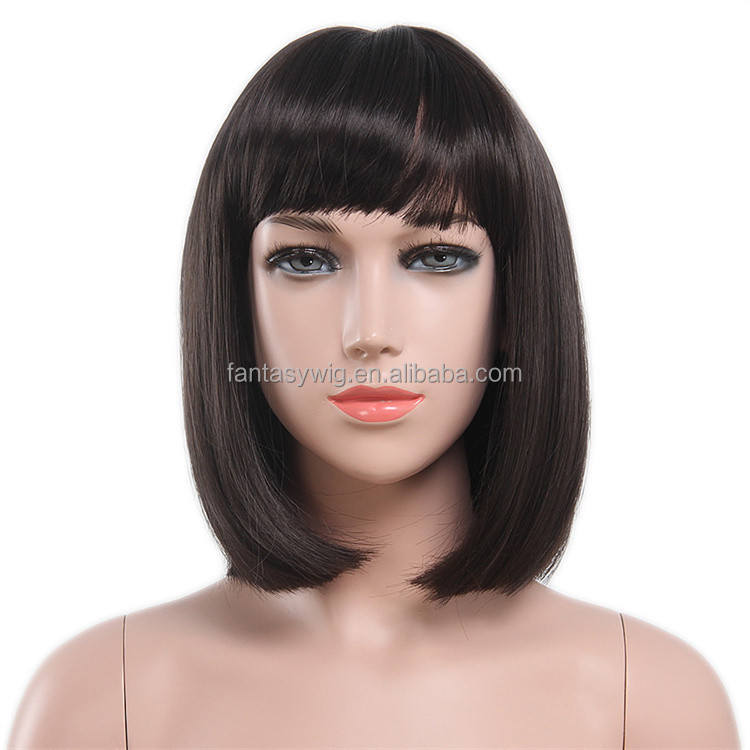 Wig Gaya Bob Rambut Pendek Lurus Coklat Tua Wig Anak Perempuan dengan Topi Wig