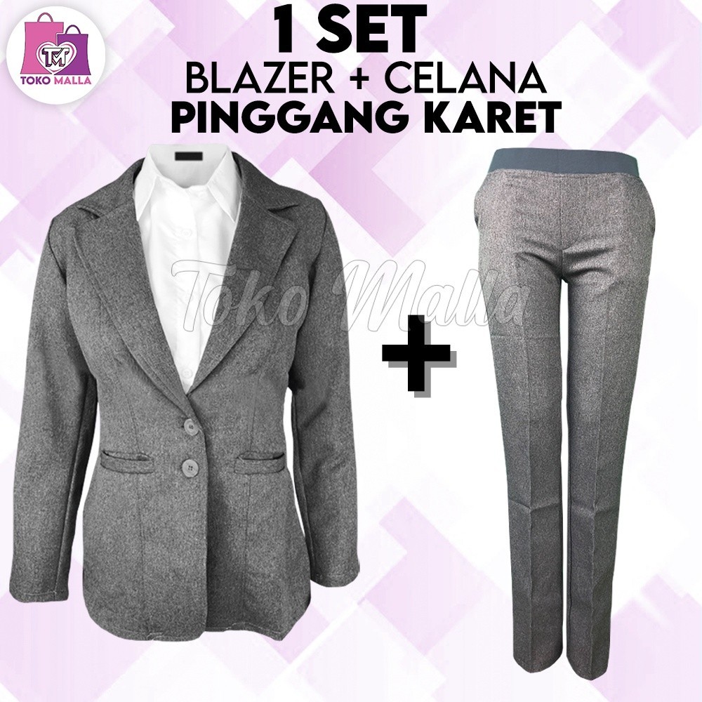 One Set Setelan Jas Blazer Celana Bahan Panjang Pinggang Karet Wanita Stelan Jas Kerja Kantor Cewe P