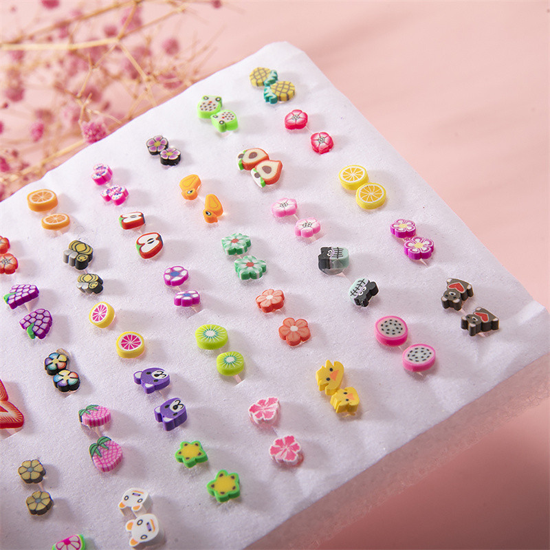 50Pair/set Mixed Style Clay Stud Earrings Set Women Girls Small Plastic Animals Fruit Earrings Set J