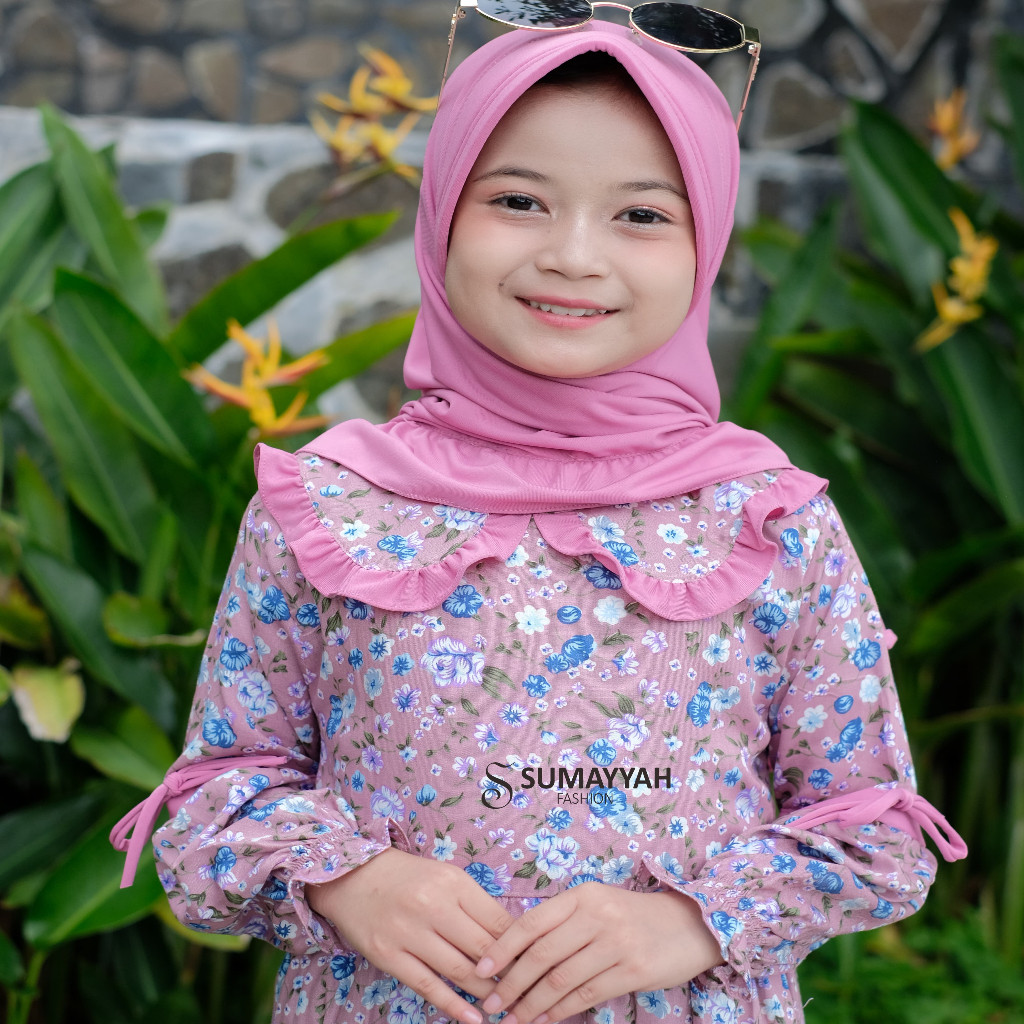 CSJ85 Sumayyah - Gamis Rayon Anak Motif Bunga Set Jilbab Jersey Baju Muslim Perempuan Usia 3-10 Tahu