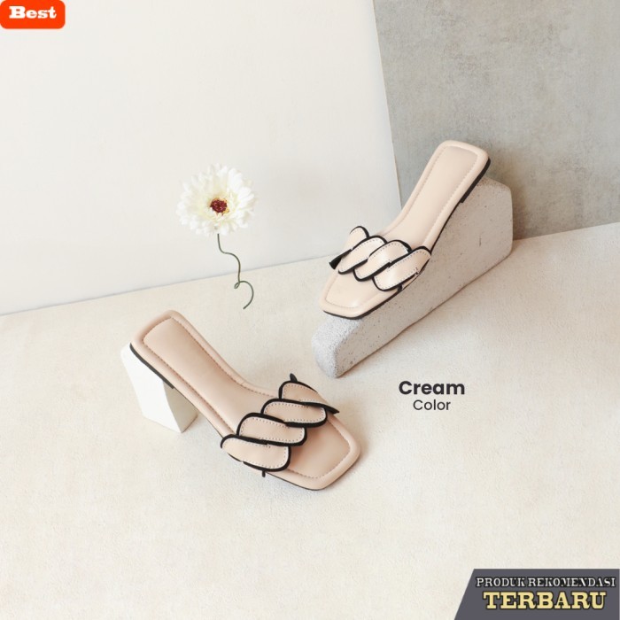 sandal wanita trend sekarang Alivelovearts Barbara Sandal Flat 1cm Teplek Wanita Kekinian - Cream, 3