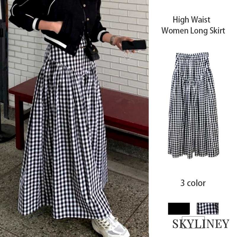 Rok Panjang Wanita Rok Kotak-kotak Hitam Putih Desain Sense Rok Pinggang Tinggi SL