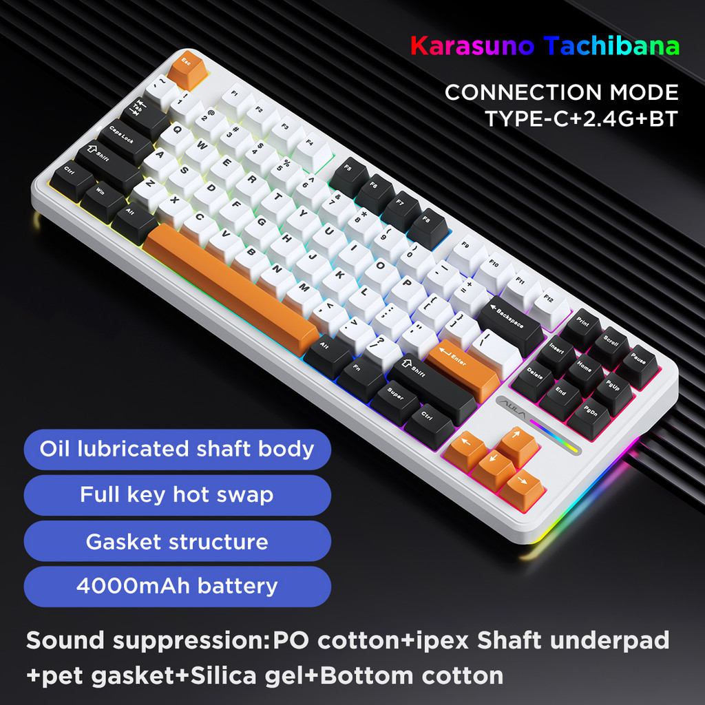 AULA F87Pro/F87 Mechanical Keyboard,Tri-Mode 2.4G/Wired/BT Wireless Keyboard,87 Key RGB PBT Gaming K