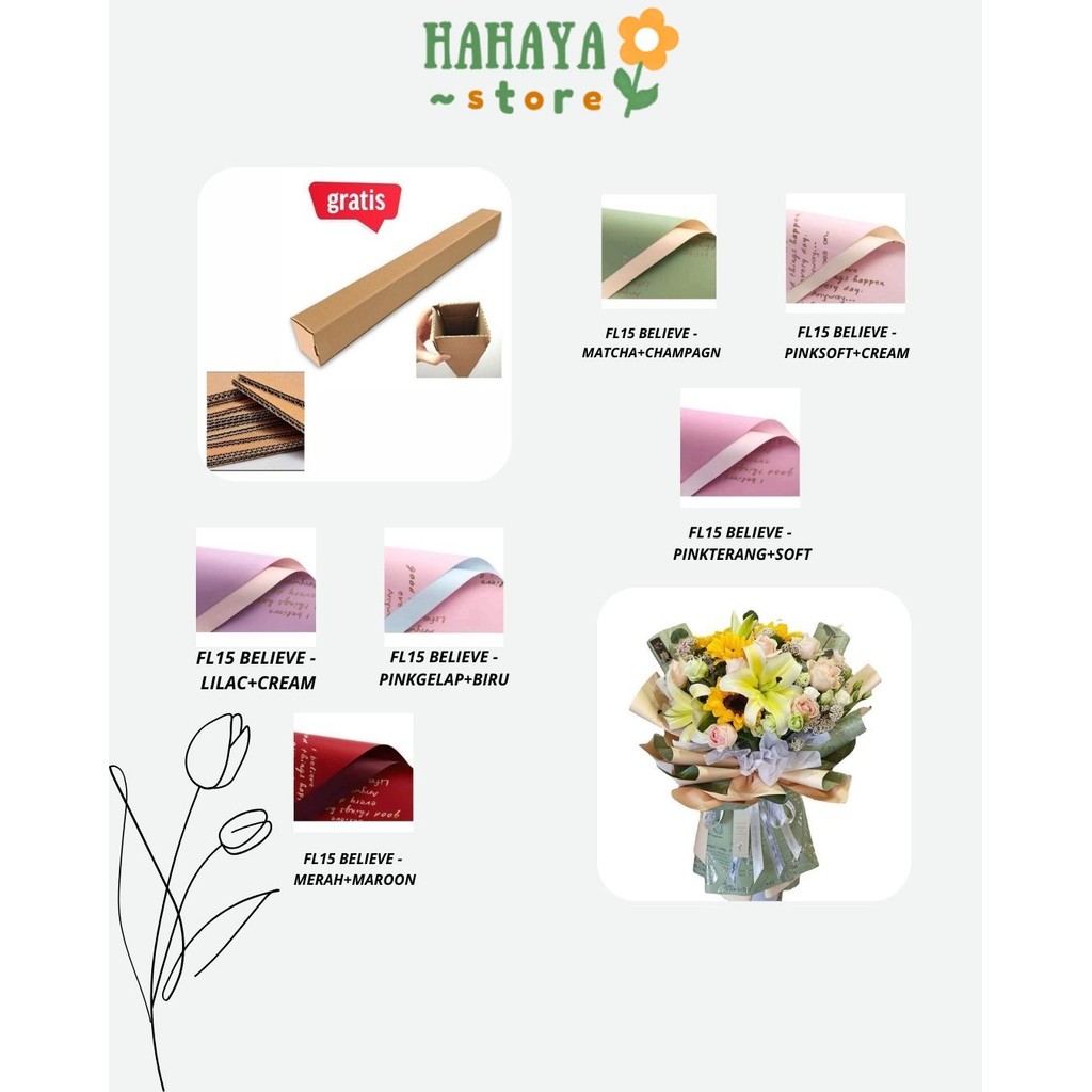 

HAHAYA - (5 LEMBAR) - FL15 BELIEVE Kertas Bunga Paper Buket Motif Tulisan Text Florist Cellophane