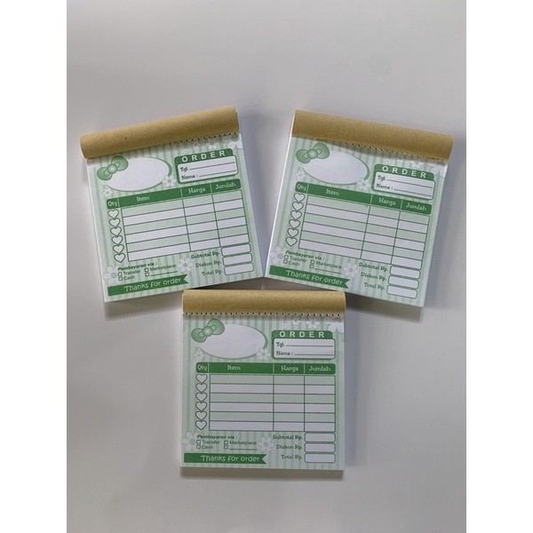 

NOTA OLSHOP MINI NON CUSTOM 1 PLY UKURAN SEPERENAM MOTIF HIJAU, RANGKAP 1