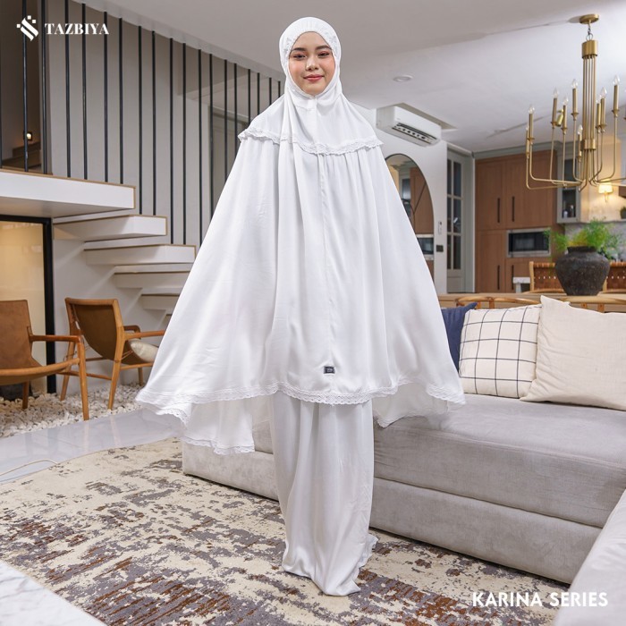 MUKENA TAZBIYA KARINA WHITE ALLSIZE/MUKENA PUTIH DEWASA RAYON SATIN