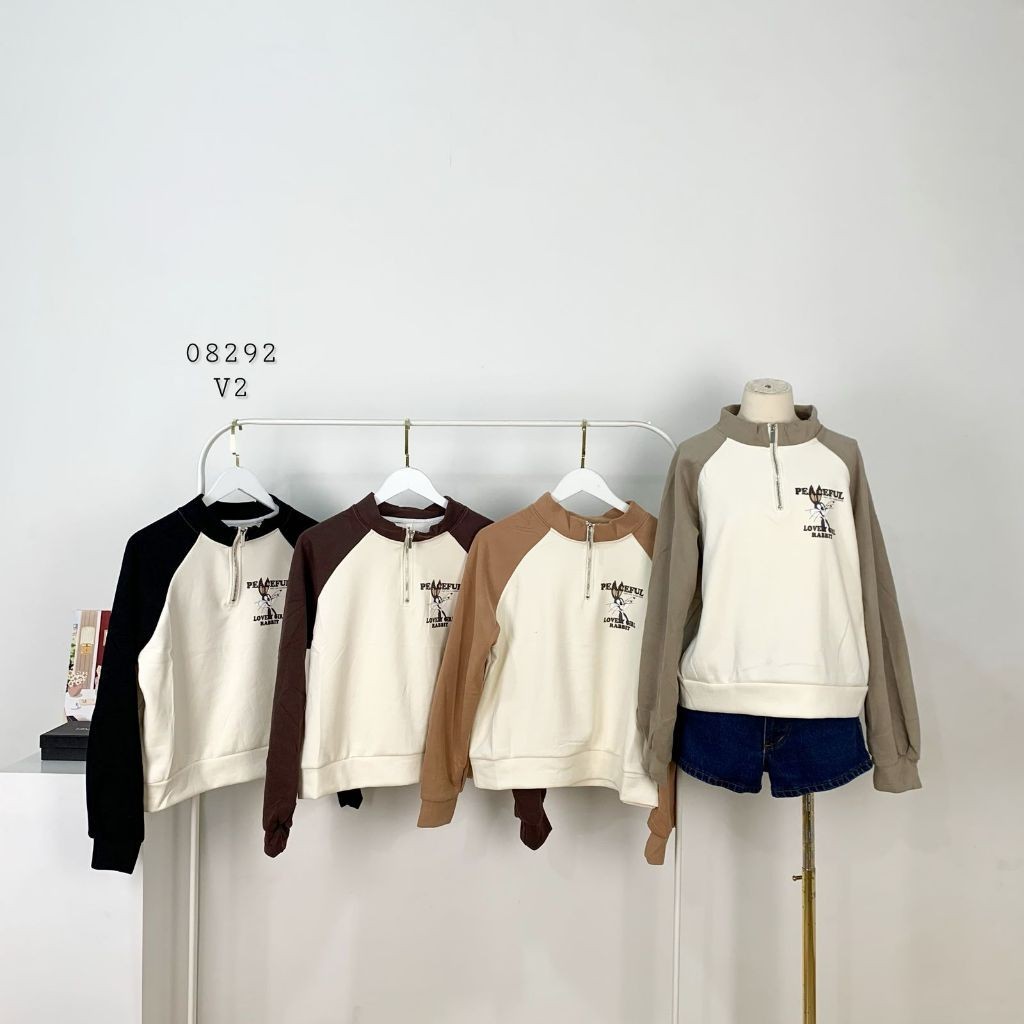 ATASAN SWEATER CROP OVERSIZE MICKEY AND RABBIT FULL SABLON DEPAN BELAKANG VARIASI MOTIF 3D TIMBUL LE