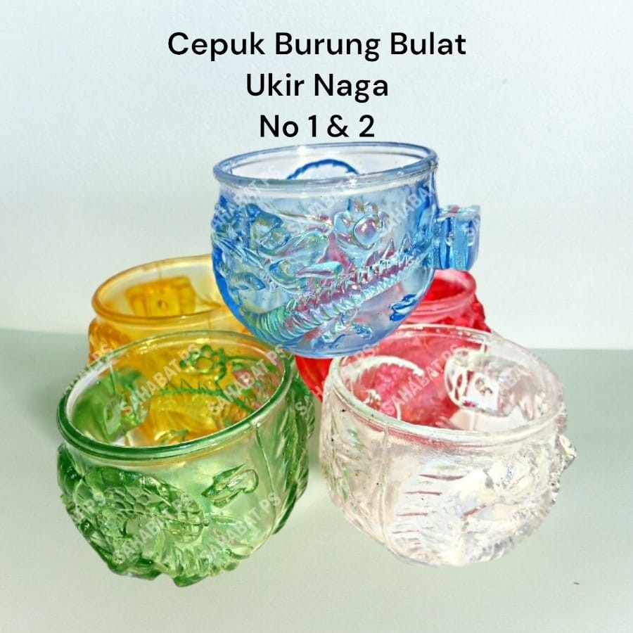 Cepuk Pakan Burung Murai Bulat Ukir Naga Transparan Isi 2