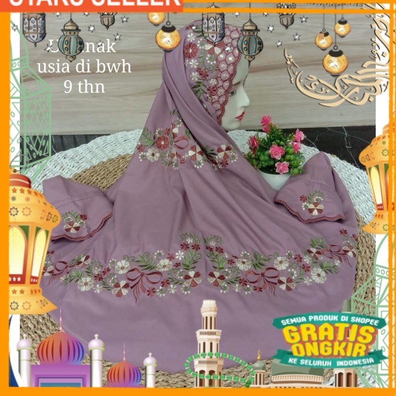 Mukena Anak Putih Terusan Lajuran Bordir / Kain Warna/ Pink Dusty Fanta Merah muda