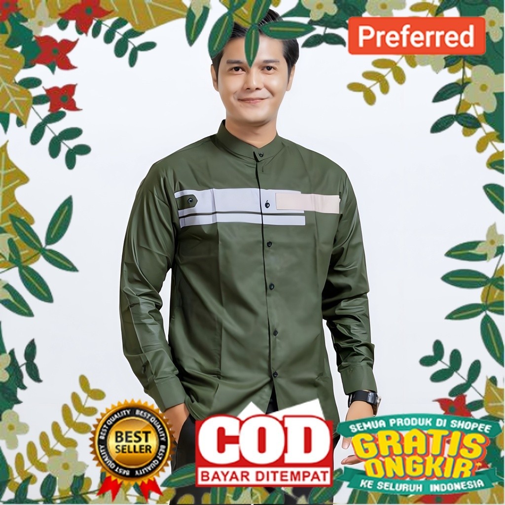 Loober - Baju Koko Pria Hadroh Kombinasi Motif Yordan Lengan Panjang Warna Hijau Army// OUTFIT STYLE