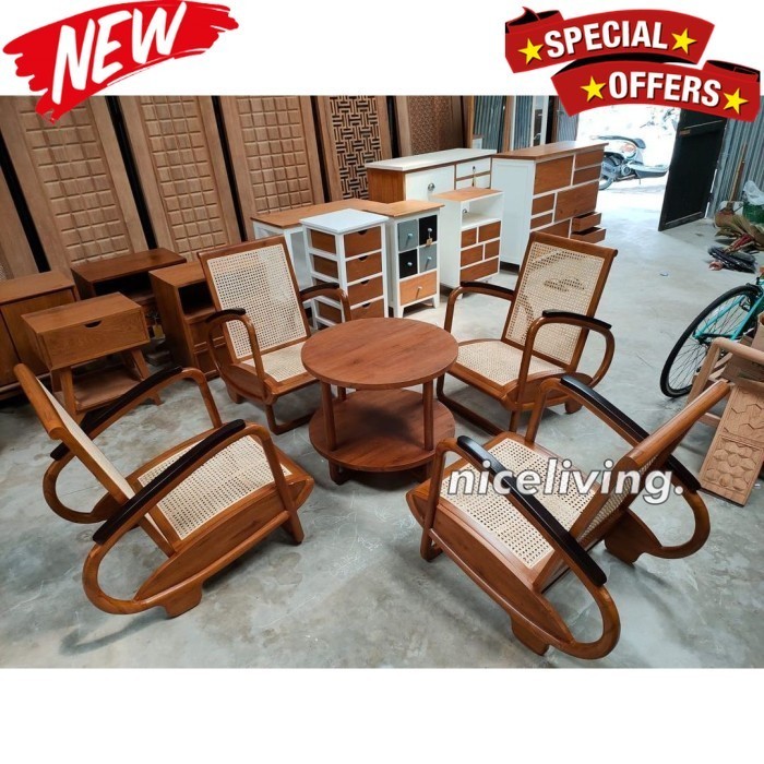 Kursi tamu sedan jawa modern kursi tamu kayu jati rotan klasik Indonesian Furniture