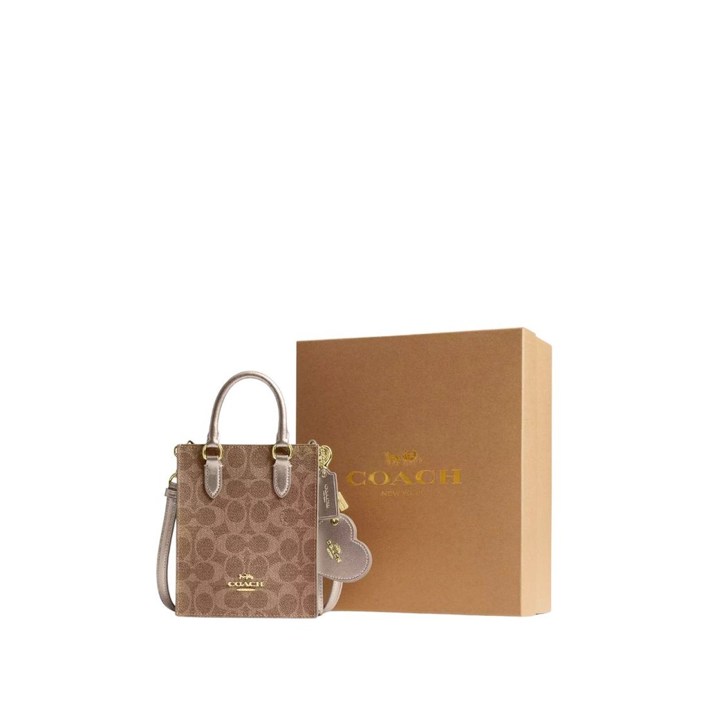 COACH Boxed Mini Tote Bag And Mirror Bag Charm Set In Signature Canvas Light Champagne