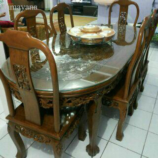 

Kursi Makan Bonsay Ukir Naga 6 Kursi + Meja + Kaca, Bahan Kayu Jati Murah