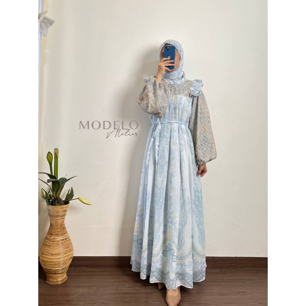 Sheeva Premium Maxi Set Hijab | Gamis Plisket Motif / Gamis Meijiewang / Dress Plisket Mewah Jumbo /