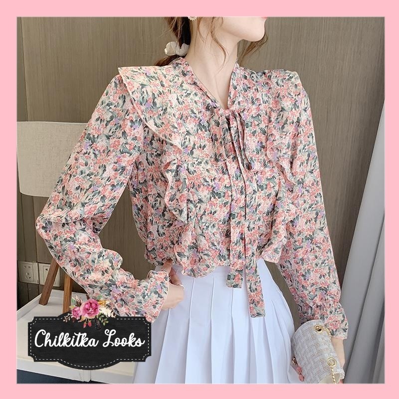 CHILKITKA LOOKS KOREAN FASHION STYLE Kysa Blouse Bunga Bunga Atasan Wanita Lengan Panjang Casual Ram