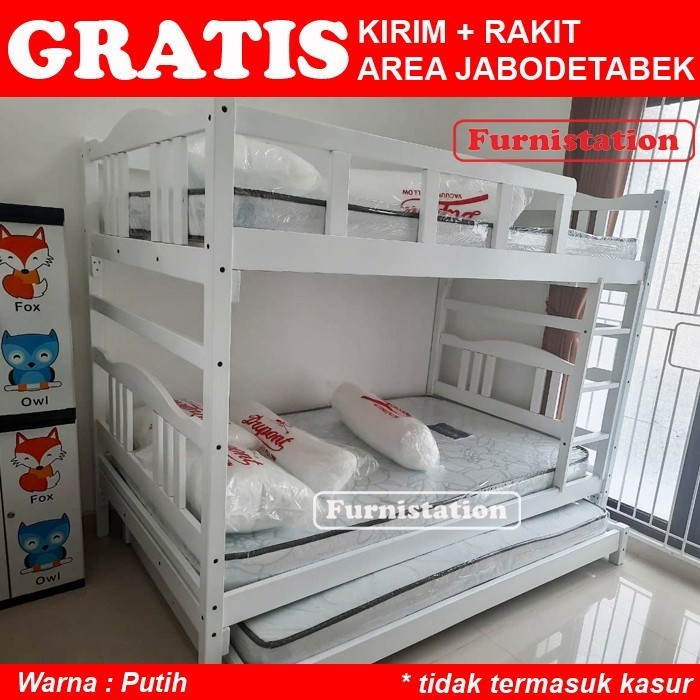 Ranjang Susun 3 Tingkat 120x200 / Tempat Tidur Tingkat + Sorong Kayu