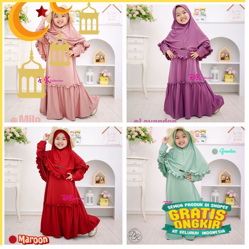 GAMIS ANAK SHAFEA JERSEY KOMPLIT HIJAB  / DRESS ANAK JERSY ORI DK COLLECTION/Maron merah bata red an