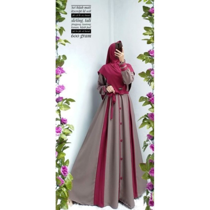 Gamis Polos Kombinasi AMP Syari Set Hijab Merk Berkah 165 Style - Sea green, L/xl ld 108