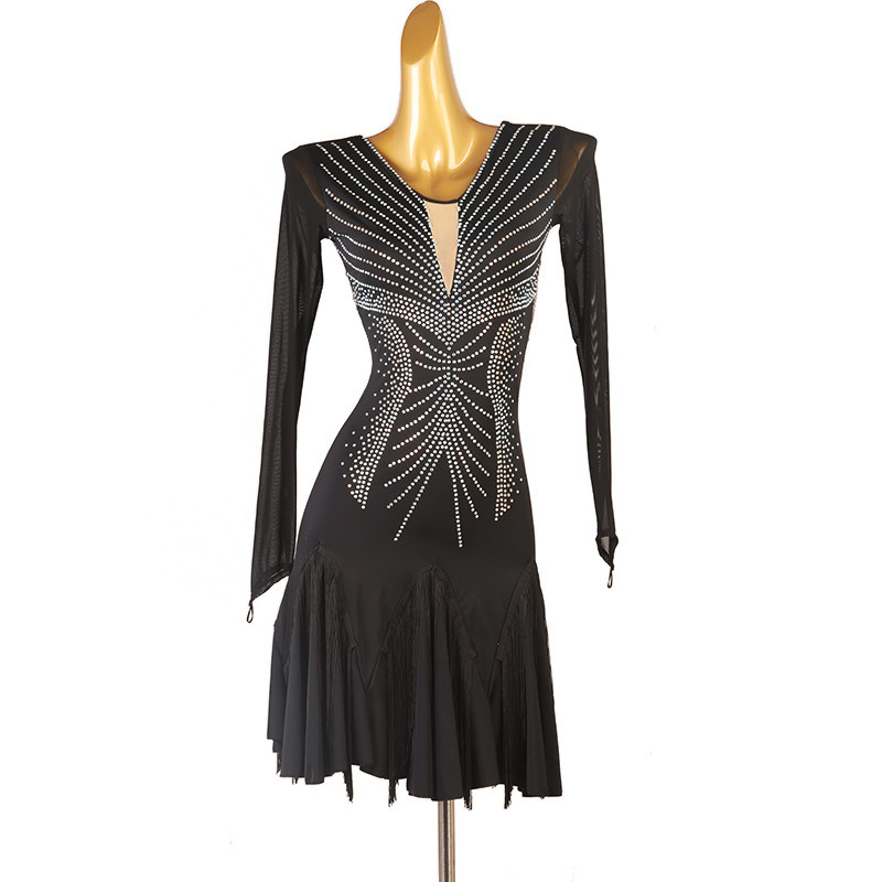 Gaun Dansa Latin Rumba Cha Cha Cha Rok Dansa Berlian Rumbai Pakaian Kompetisi Kinerja Tari