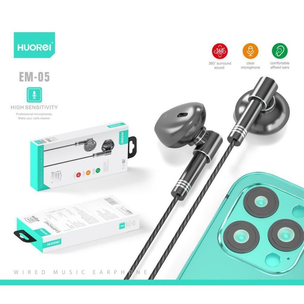 HUOREI EM-05 WIRED MUSIC EARPHONE METAL WITH CONTROLLER MICROPHONE