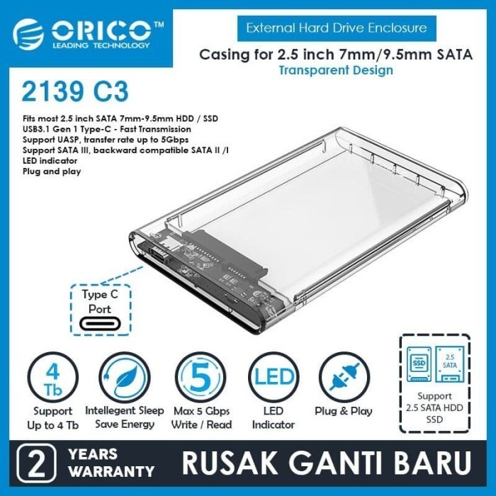 ORICO 2139C3 2.5 inch Type-C Transparent Hard Drive Enclosure - 2139C3