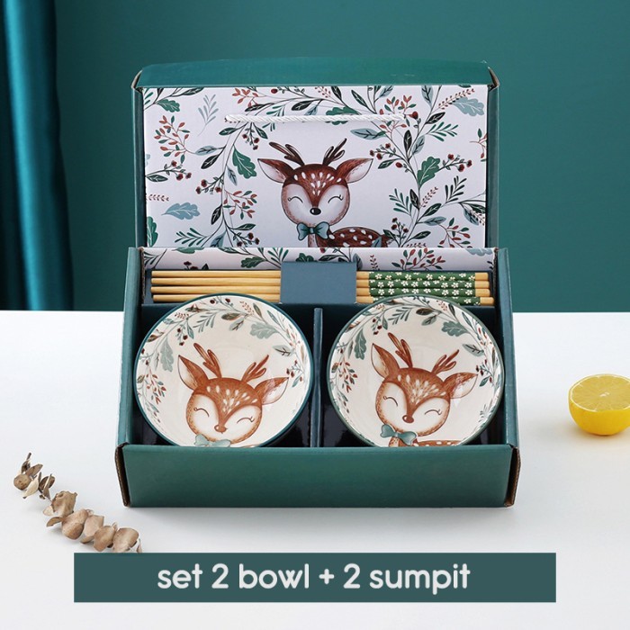 

[[New Arrival]]- Gift Set Natal Christmas Deer Box Hampers Mangkuk Piring | Kado Xmas - 2 bowls+sumpit