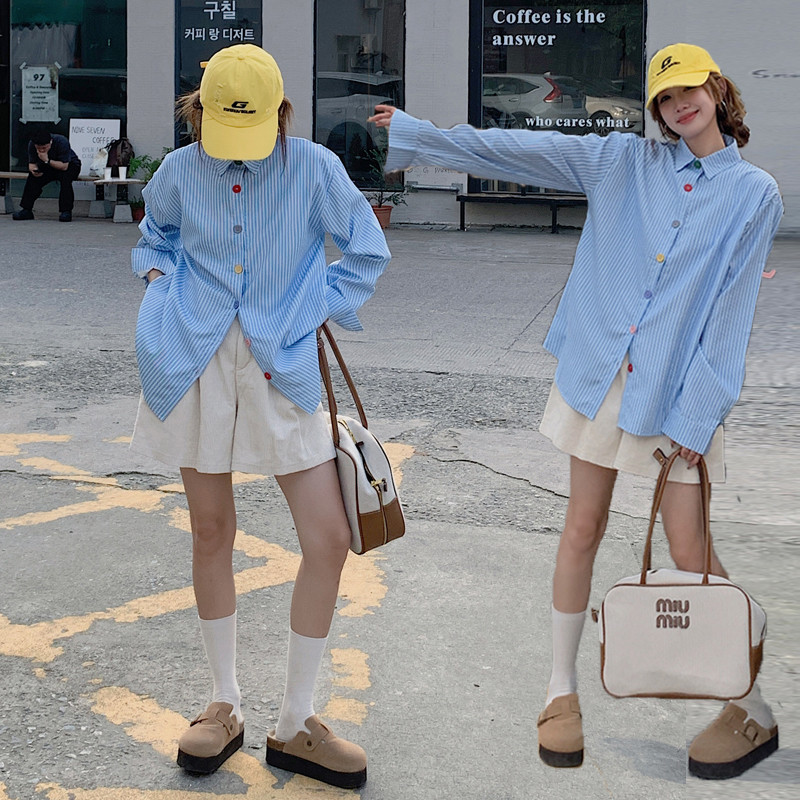 Kemeja Kancing Warna Warni Bergaris Wanita Gaya Korea Atasan Kemeja Kasual Lengan Panjang Terbaru