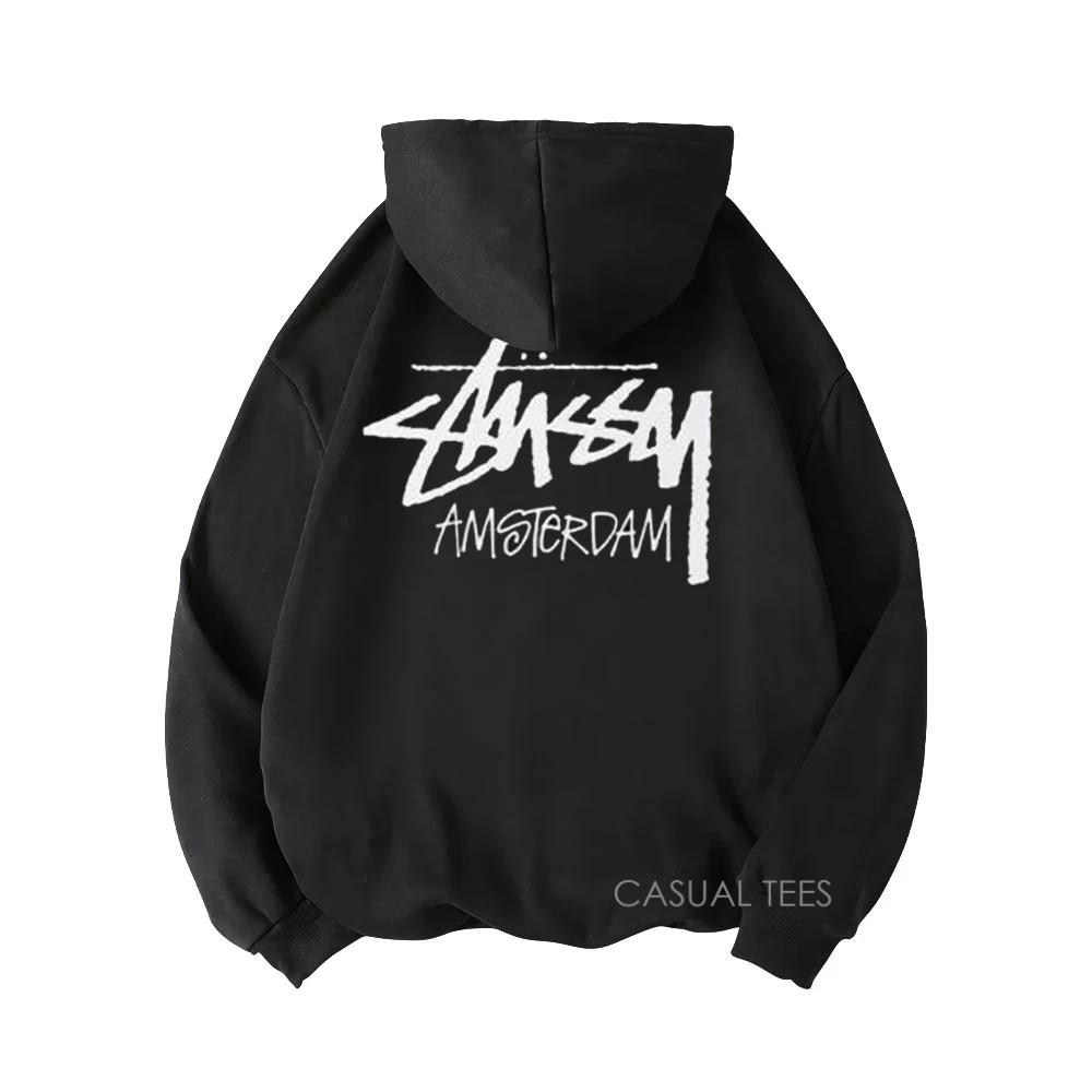 Hoodie Sweater Stussy Amsterdam Hitam Pria & Wanita