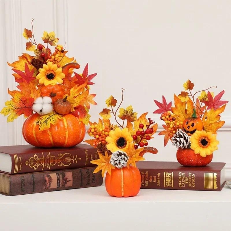 

Autumn Harvest Artificial Pumpkin Sunflower Ornament Realistic Flower Simulation Decoration Party Fall Home Window Decor Props
