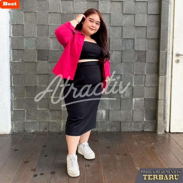 rok wanita kekinian Atractiv Rok Span Hitam Big Size Stretch up to BB110kg+ Melar Nyaman Rok Panjang