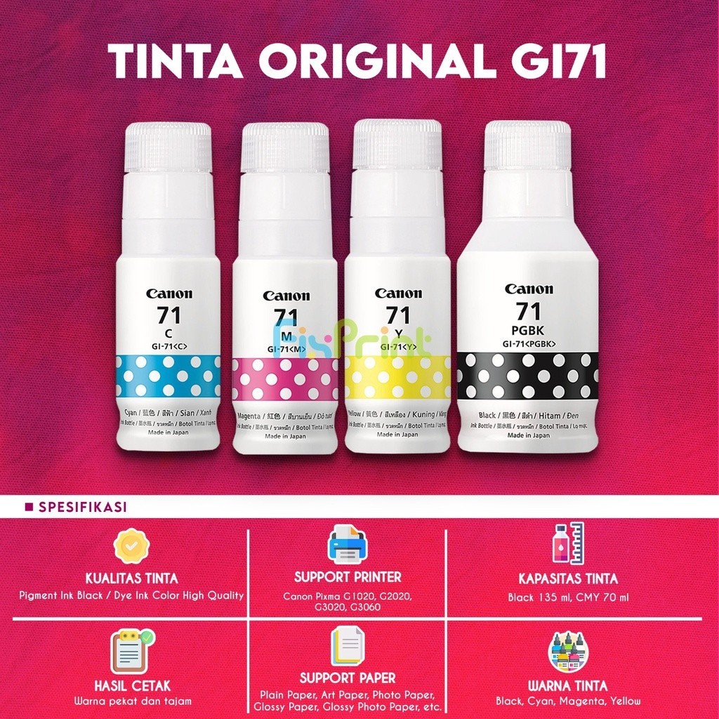 Tinta Original Pixma GI71 Canon GI-71 Refill Printer G1020 G2020 G3020 G3060 Canon Original Canon Ti