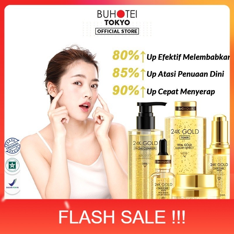 PROMO BUHOTEI BIOAQUA 24K Gold Skin Care Whitening Brightening Glowing Paket Skincare Kit with Moist